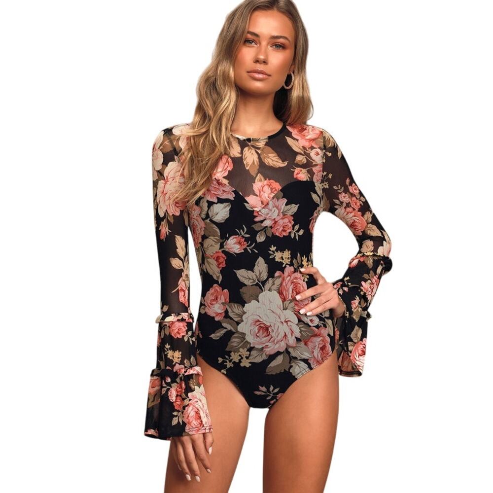 Lulu's Bodysuit Floral Black Mesh Keyhole Back Bell Sleeve Womens Size Small